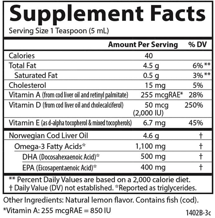 Carlson - Super D Omega-3, Wild-Caught Norwegian Arctic Cod Liver Oil, 2000 IU (50 mcg) Vitamin D3, 1100 mg Omega-3s, Sustainably Sourced Nordic Fish Oil Liquid, Lemon, 250 ml