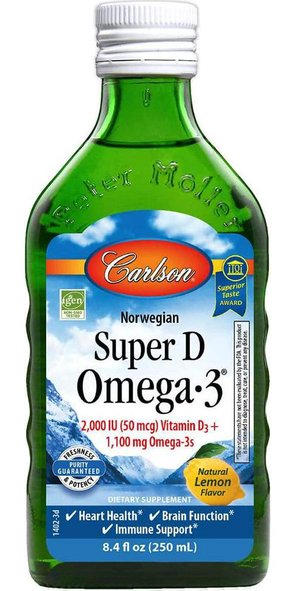 Carlson - Super D Omega-3, Wild-Caught Norwegian Arctic Cod Liver Oil, 2000 IU (50 mcg) Vitamin D3, 1100 mg Omega-3s, Sustainably Sourced Nordic Fish Oil Liquid, Lemon, 250 ml