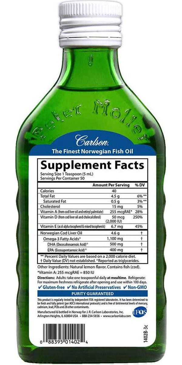 Carlson - Super D Omega-3, Wild-Caught Norwegian Arctic Cod Liver Oil, 2000 IU (50 mcg) Vitamin D3, 1100 mg Omega-3s, Sustainably Sourced Nordic Fish Oil Liquid, Lemon, 250 ml