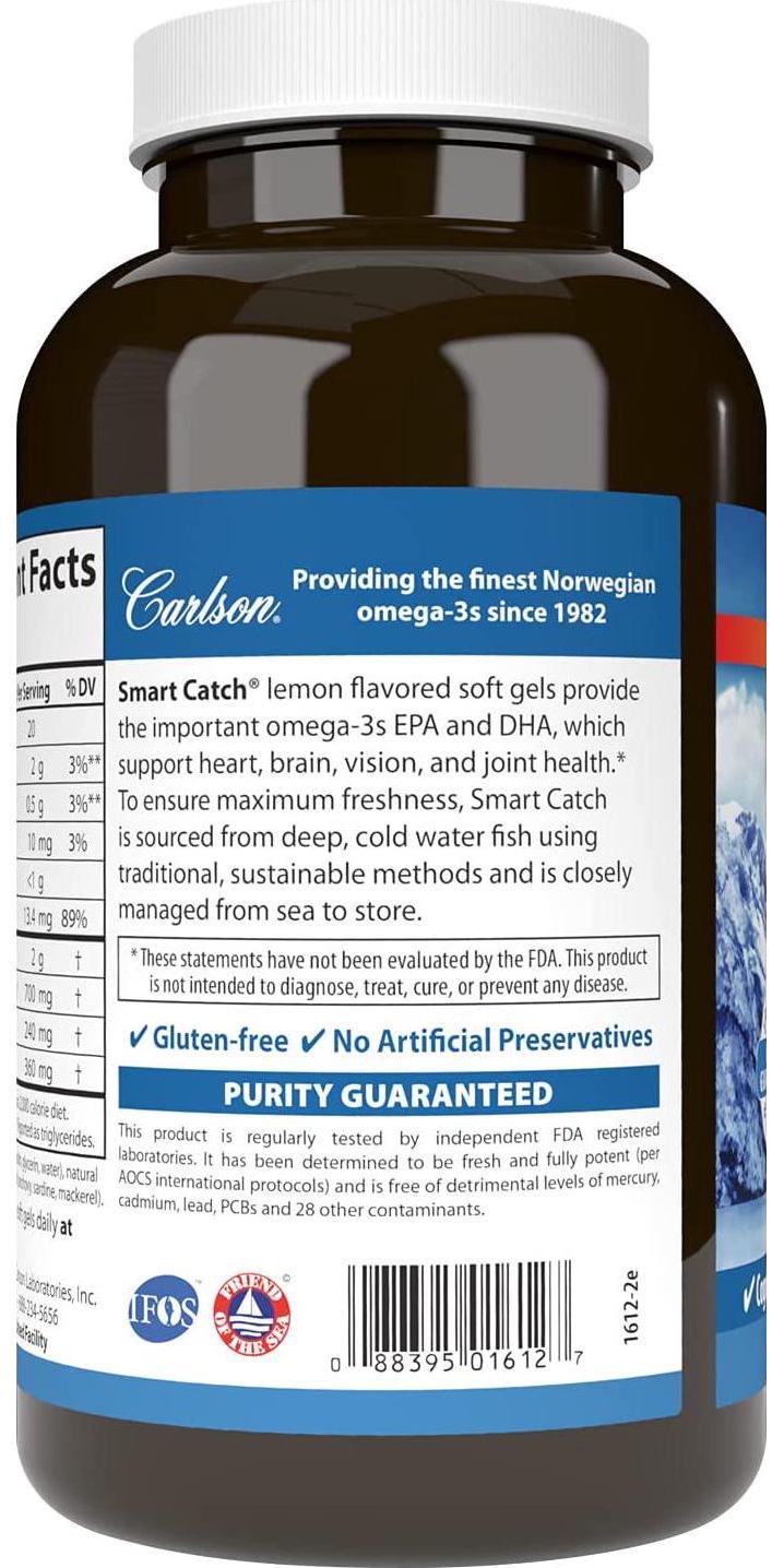 Carlson - Teen's Smart Catch, 700 mg Omega-3s, Cognitive Development, Brain Function and Vision Support, Lemon, 180 Softgels