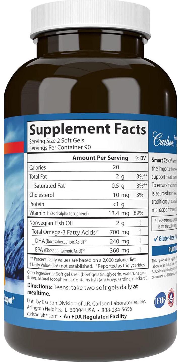 Carlson - Teen's Smart Catch, 700 mg Omega-3s, Cognitive Development, Brain Function and Vision Support, Lemon, 180 Softgels