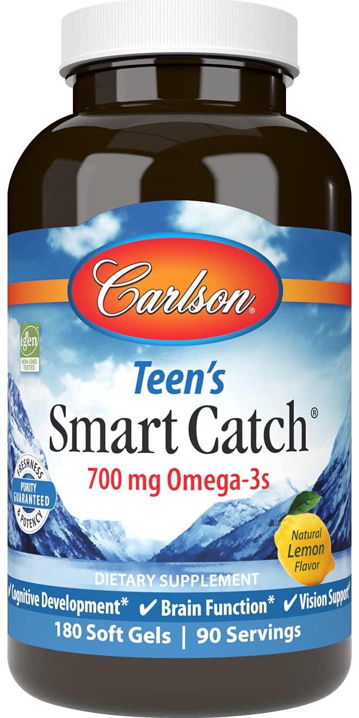 Carlson - Teen's Smart Catch, 700 mg Omega-3s, Cognitive Development, Brain Function and Vision Support, Lemon, 180 Softgels