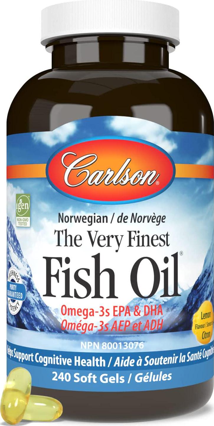 Carlson - The Very Finest Fish Oil, 700 mg Omega-3s, Norwegian Fish Oil Supplement, Wild Caught Omega 3 Fish Oil, Sustainably Sourced Fish Oil Capsules, Omega 3 Supplement, Lemon, 240 Softgels