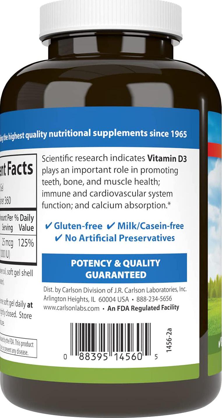 Carlson - Vitamin D3, 1000 IU (25 mcg), Immune Support, Bone Health, Muscle Health, Cholecalciferol, Vitamin D Supplements, Vitamin D3 Soft Gels, 360 Softgels