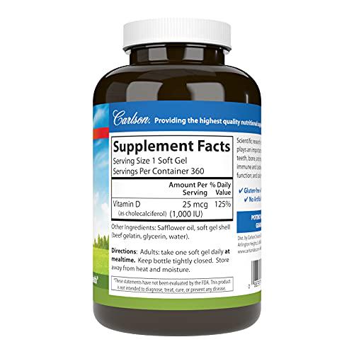 Carlson - Vitamin D3, 1000 IU (25 mcg), Immune Support, Bone Health, Muscle Health, Cholecalciferol, Vitamin D Supplements, Vitamin D3 Soft Gels, 360 Softgels