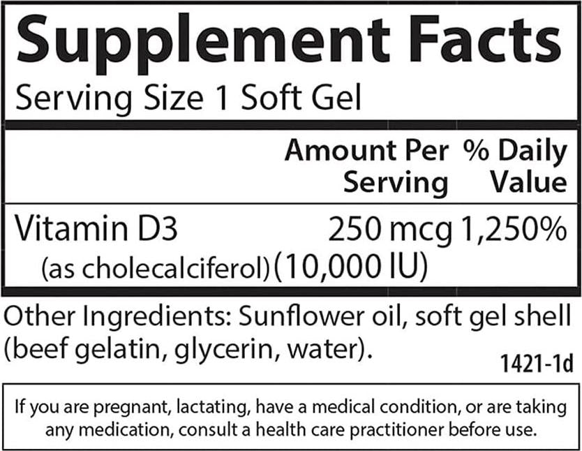 Carlson - Vitamin D3, 10000 IU, Bone and Immune Health, Cholecalciferol, 120 Soft gels