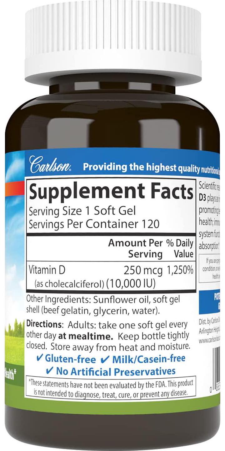 Carlson - Vitamin D3, 10000 IU, Bone and Immune Health, Cholecalciferol, 120 Soft gels