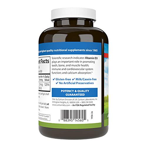 Carlson - Vitamin D3, 1000 IU (25 mcg), Immune Support, Bone Health, Muscle Health, Cholecalciferol, Vitamin D Supplements, Vitamin D3 Soft Gels, 360 Softgels