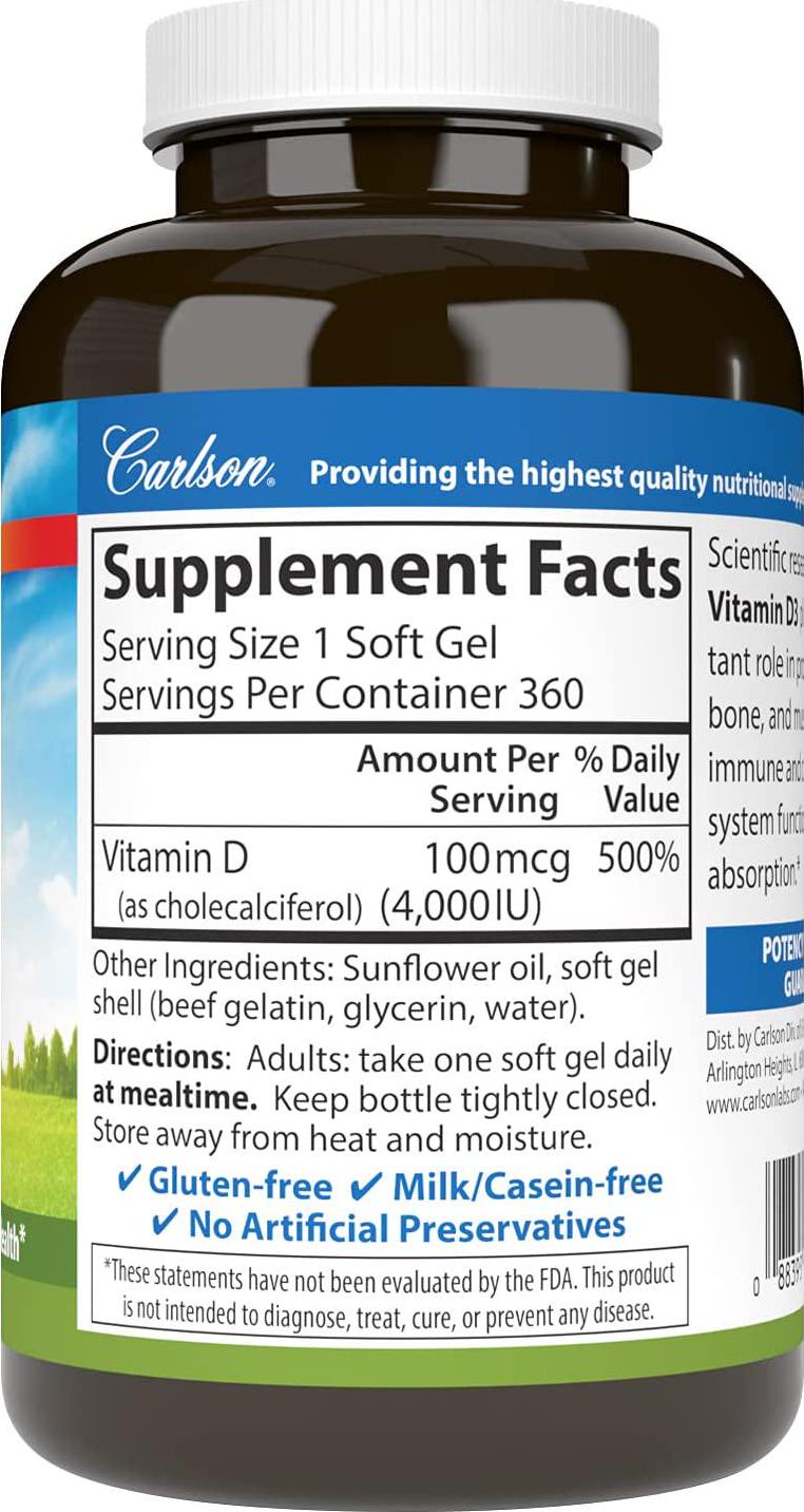Carlson - Vitamin D3, 4000 IU (100 mcg), Bone and Immune Health, Cholecalciferol Supplement, Gluten Free Vitamin D Capsules, 360 Softgels