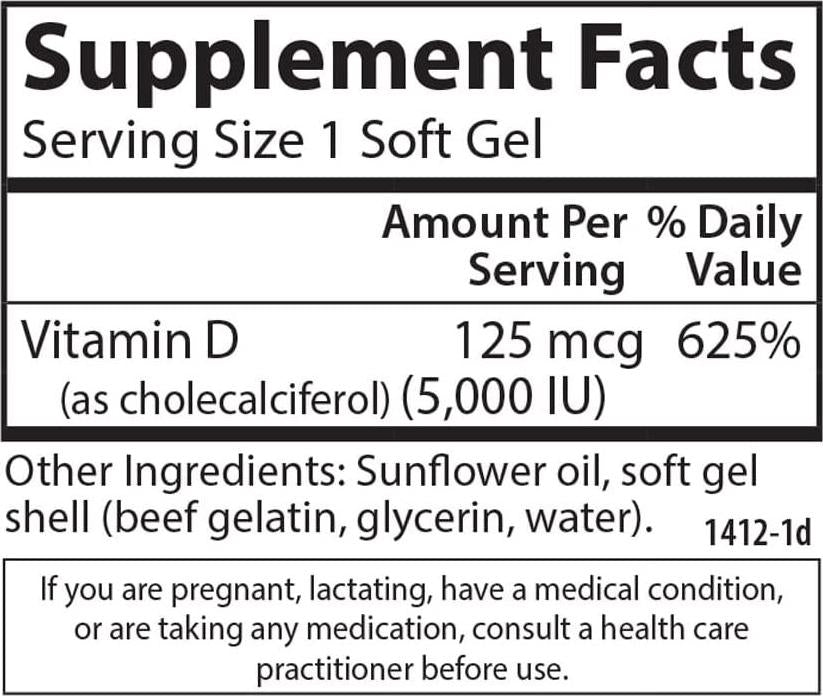 Carlson - Vitamin D3, 5000 IU, Vitamin D Supplements, Bone and Immune Support, Vitamin D3 Softgels, Heart Health, Gluten Free Vitamin D Capsules, 360 Softgels