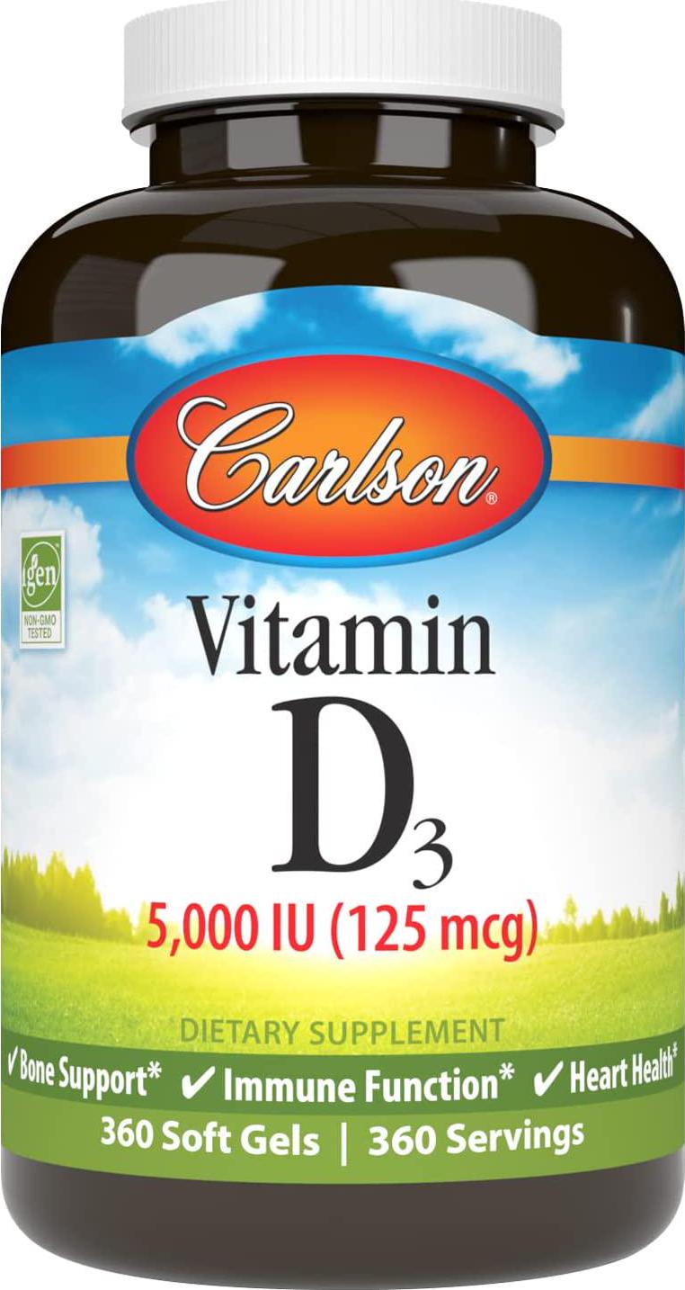 Carlson - Vitamin D3, 5000 IU, Vitamin D Supplements, Bone and Immune Support, Vitamin D3 Softgels, Heart Health, Gluten Free Vitamin D Capsules, 360 Softgels