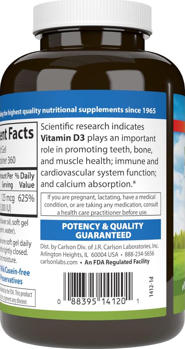 Carlson - Vitamin D3, 5000 IU, Vitamin D Supplements, Bone and Immune Support, Vitamin D3 Softgels, Heart Health, Gluten Free Vitamin D Capsules, 360 Softgels