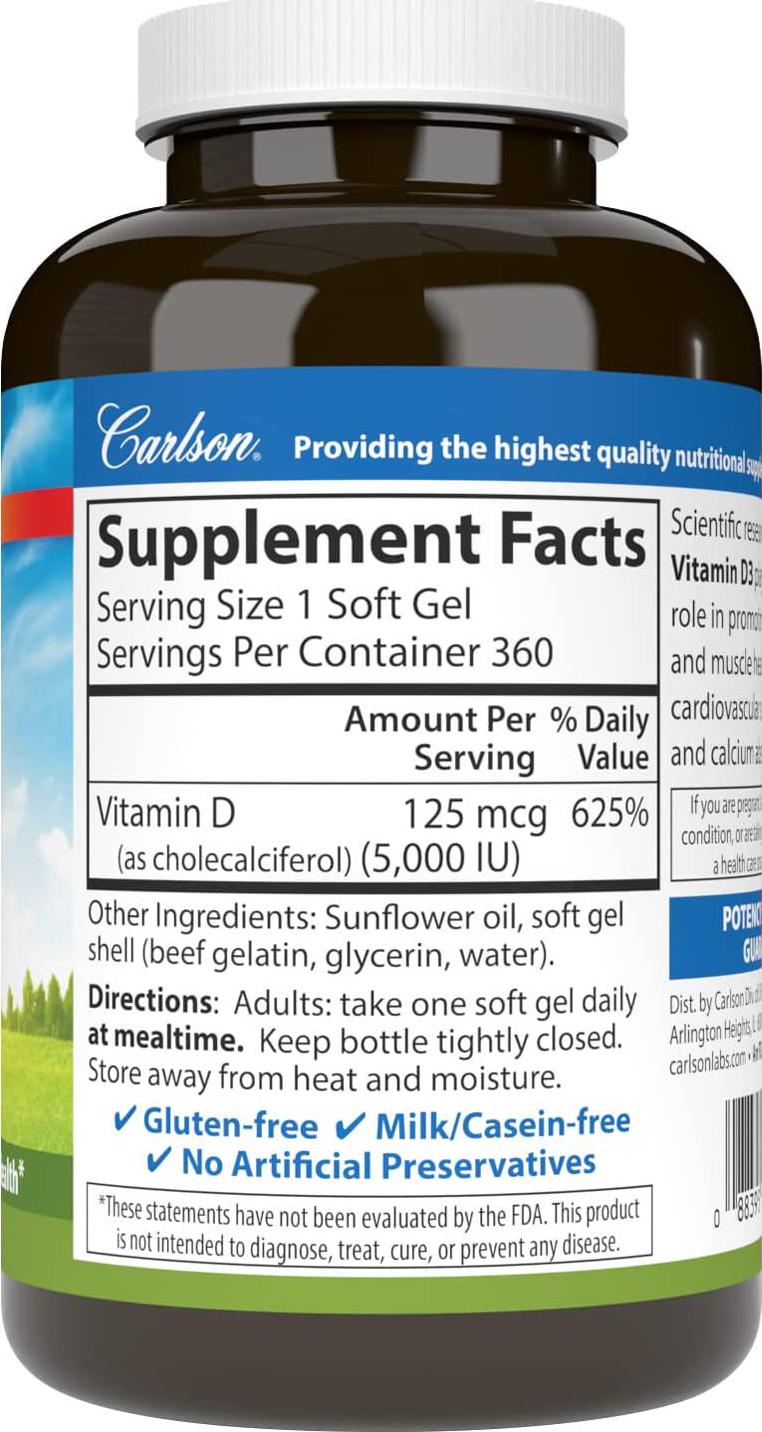 Carlson - Vitamin D3, 5000 IU, Vitamin D Supplements, Bone and Immune Support, Vitamin D3 Softgels, Heart Health, Gluten Free Vitamin D Capsules, 360 Softgels