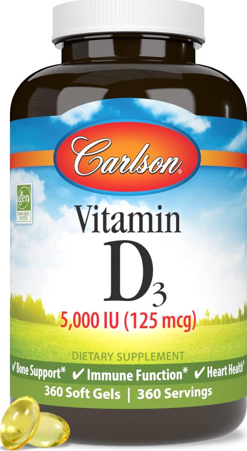 Carlson - Vitamin D3, 5000 IU, Vitamin D Supplements, Bone and Immune Support, Vitamin D3 Softgels, Heart Health, Gluten Free Vitamin D Capsules, 360 Softgels