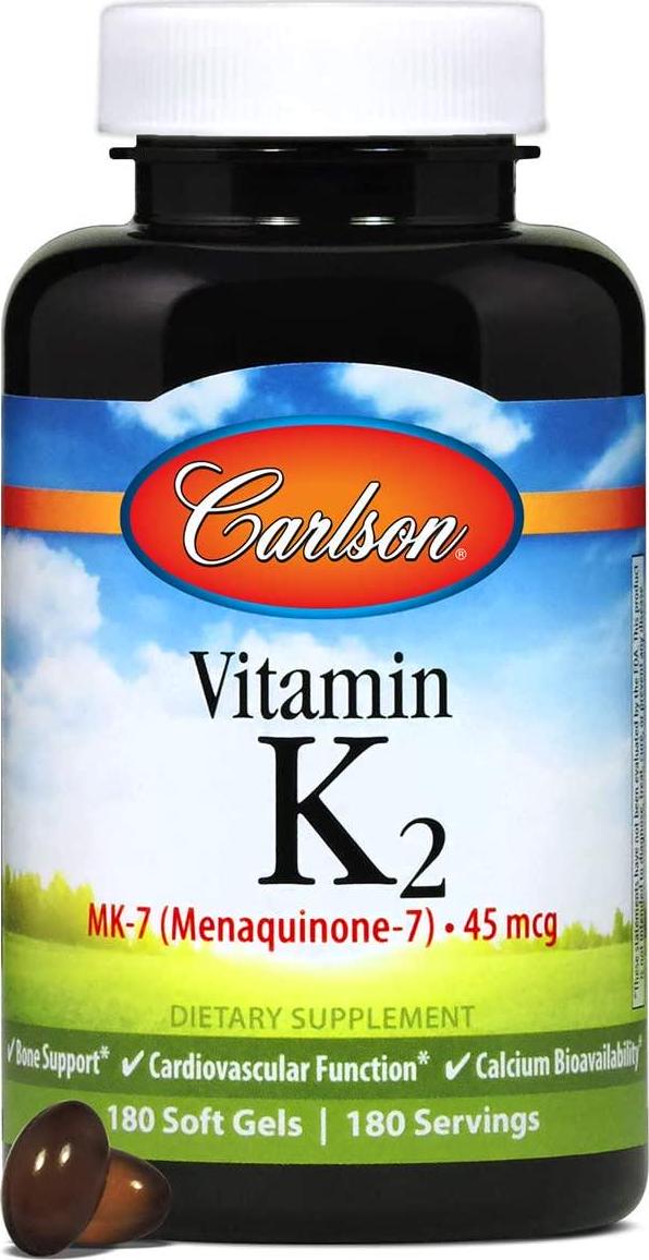 Carlson - Vitamin K2 MK-7 (Menaquinone), 45 mcg, Bone Support, Cardiovascular Function and Calcium Bioavailability, 180 Softgels