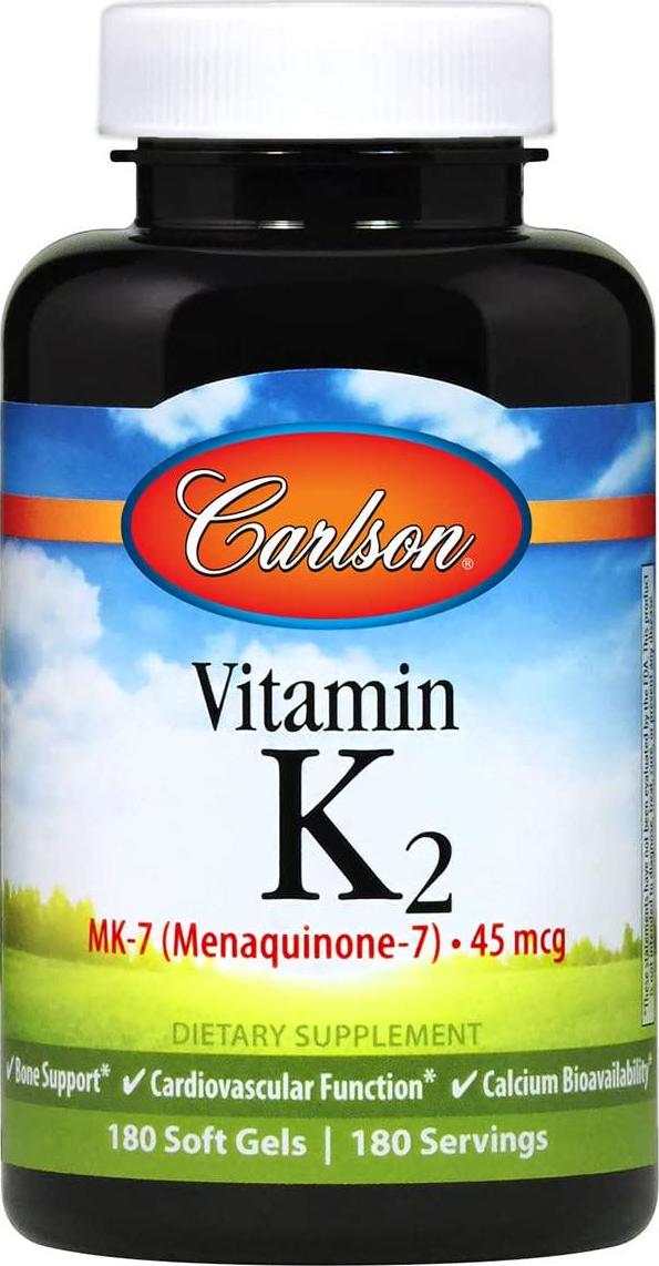 Carlson - Vitamin K2 MK-7 (Menaquinone), 45 mcg, Bone Support, Cardiovascular Function and Calcium Bioavailability, 180 Softgels