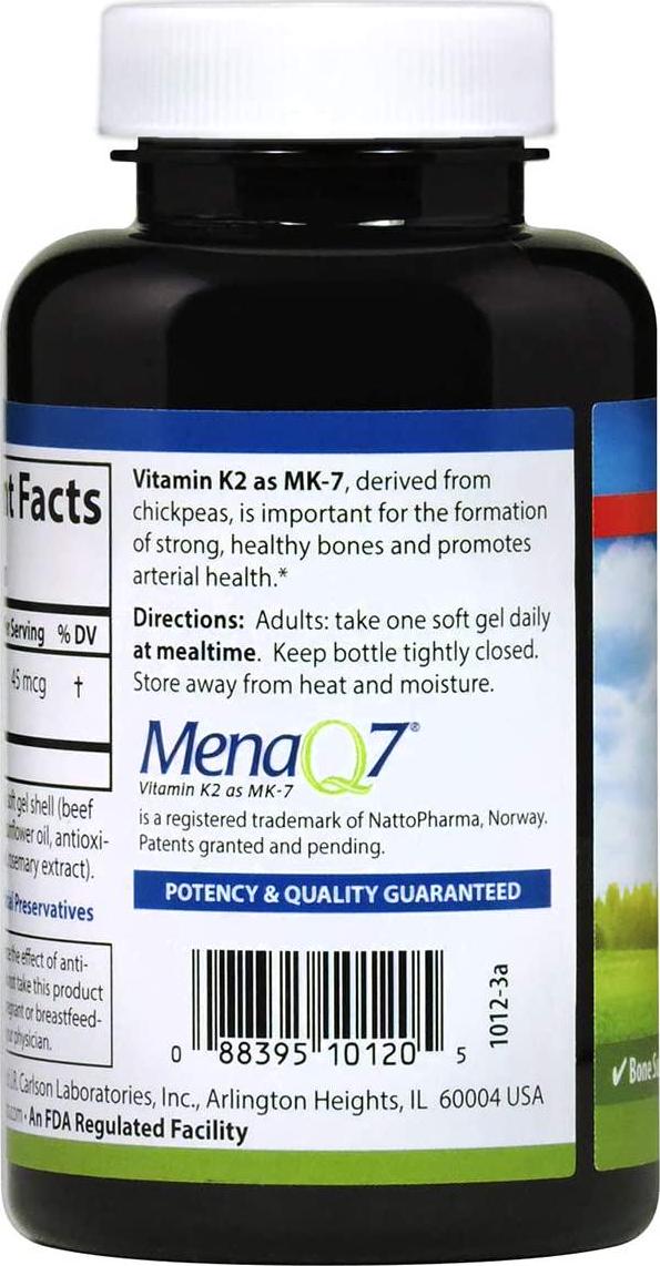 Carlson - Vitamin K2 MK-7 (Menaquinone), 45 mcg, Bone Support, Cardiovascular Function and Calcium Bioavailability, 180 Softgels