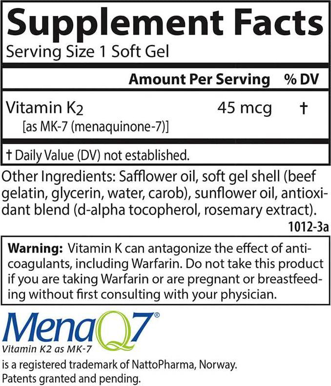 Carlson - Vitamin K2 MK-7 (Menaquinone), 45 mcg, Bone Support, Cardiovascular Function and Calcium Bioavailability, 180 Softgels