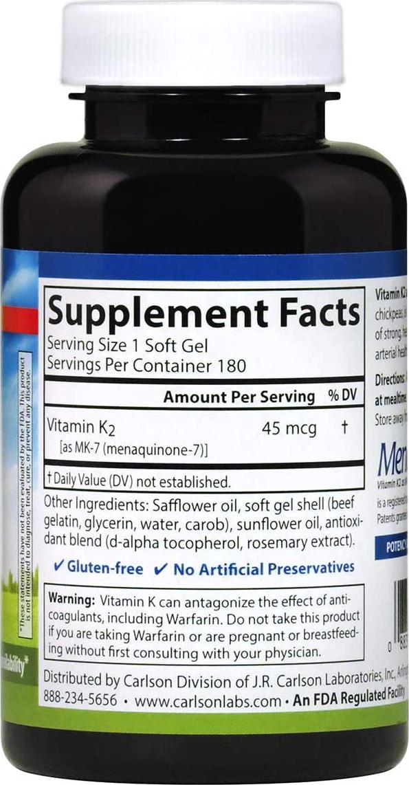 Carlson - Vitamin K2 MK-7 (Menaquinone), 45 mcg, Bone Support, Cardiovascular Function and Calcium Bioavailability, 180 Softgels