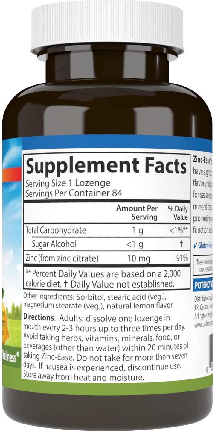Carlson - Zinc-Ease, Soothing Lozenge, Immune Support and Optimal Wellness, Antioxidant, Lemon, 84 lozenges