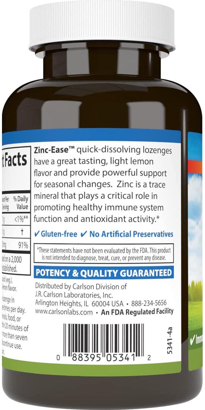 Carlson - Zinc-Ease, Soothing Lozenge, Immune Support and Optimal Wellness, Antioxidant, Lemon, 84 lozenges