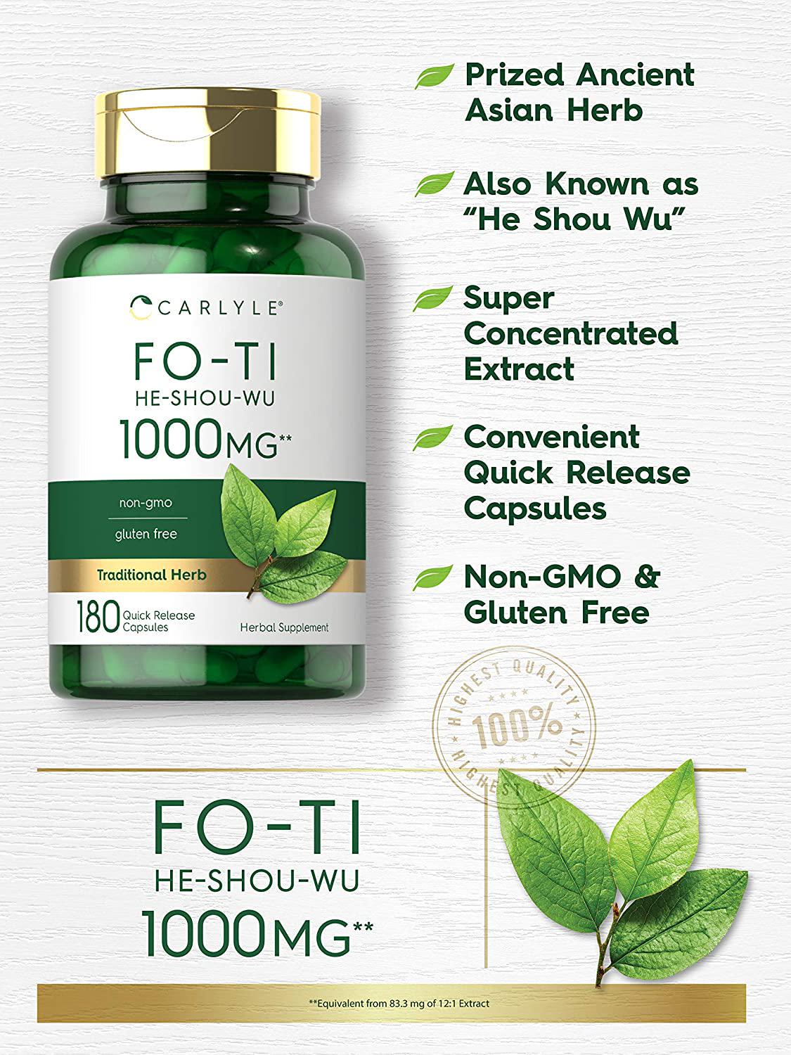 Carlyle Fo-Ti Root 1000 mg 180 Capsules High Strength He-Shou-Wu Non-GMO, Gluten Free