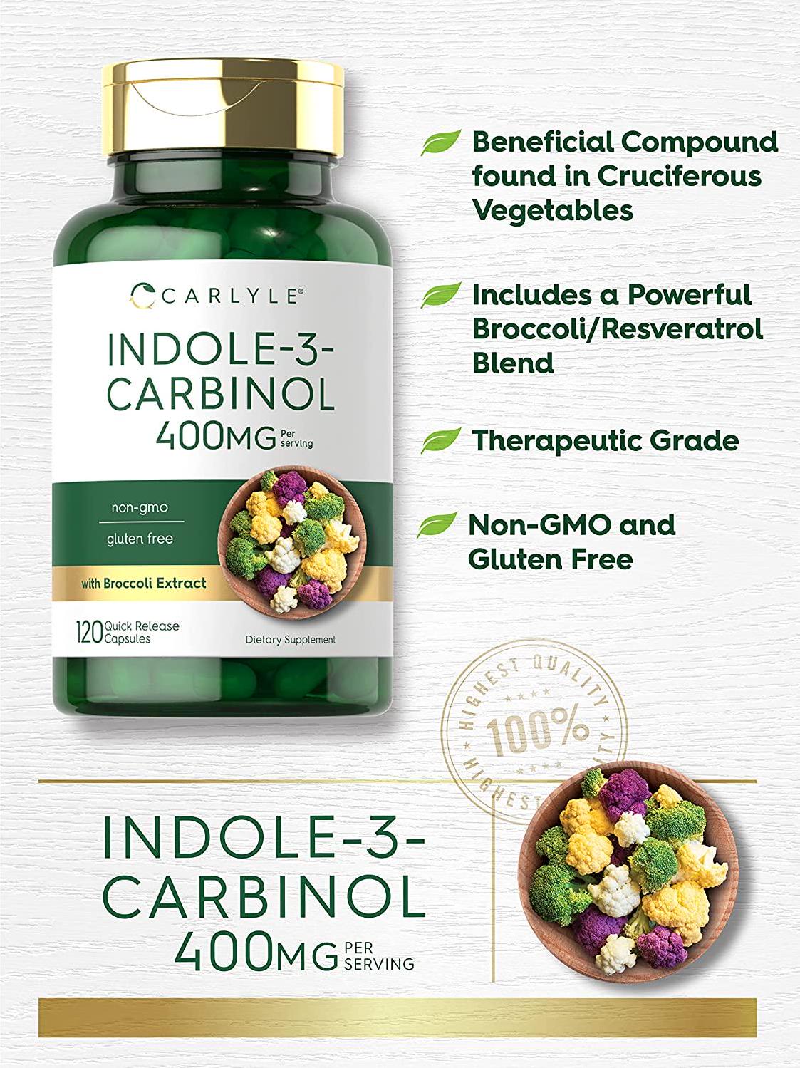 Carlyle Indole-3-Carbinol (I3C) 200mg 120 Capsules Advanced Formula with Broccoli Extract | Non-GMO, Gluten Free |