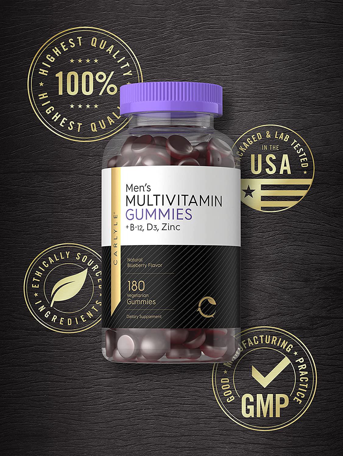 Carlyle Men's Multivitamin Gummies | 180 Count | Natural Blueberry Flavor | Vitamin C, D3 and Zinc | Vegetarian, Non-GMO, Gluten Free Supplement