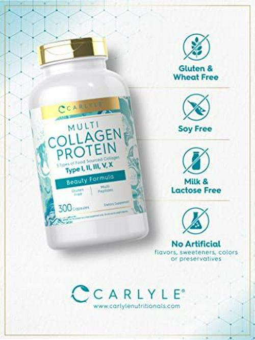Carlyle Multi Collagen Protein 2000mg | 300 Capsules | Type I, II, III, V, X | Collagen Peptide Pills | Keto and Paleo Friendly, Non-GMO, Gluten Free Supplement