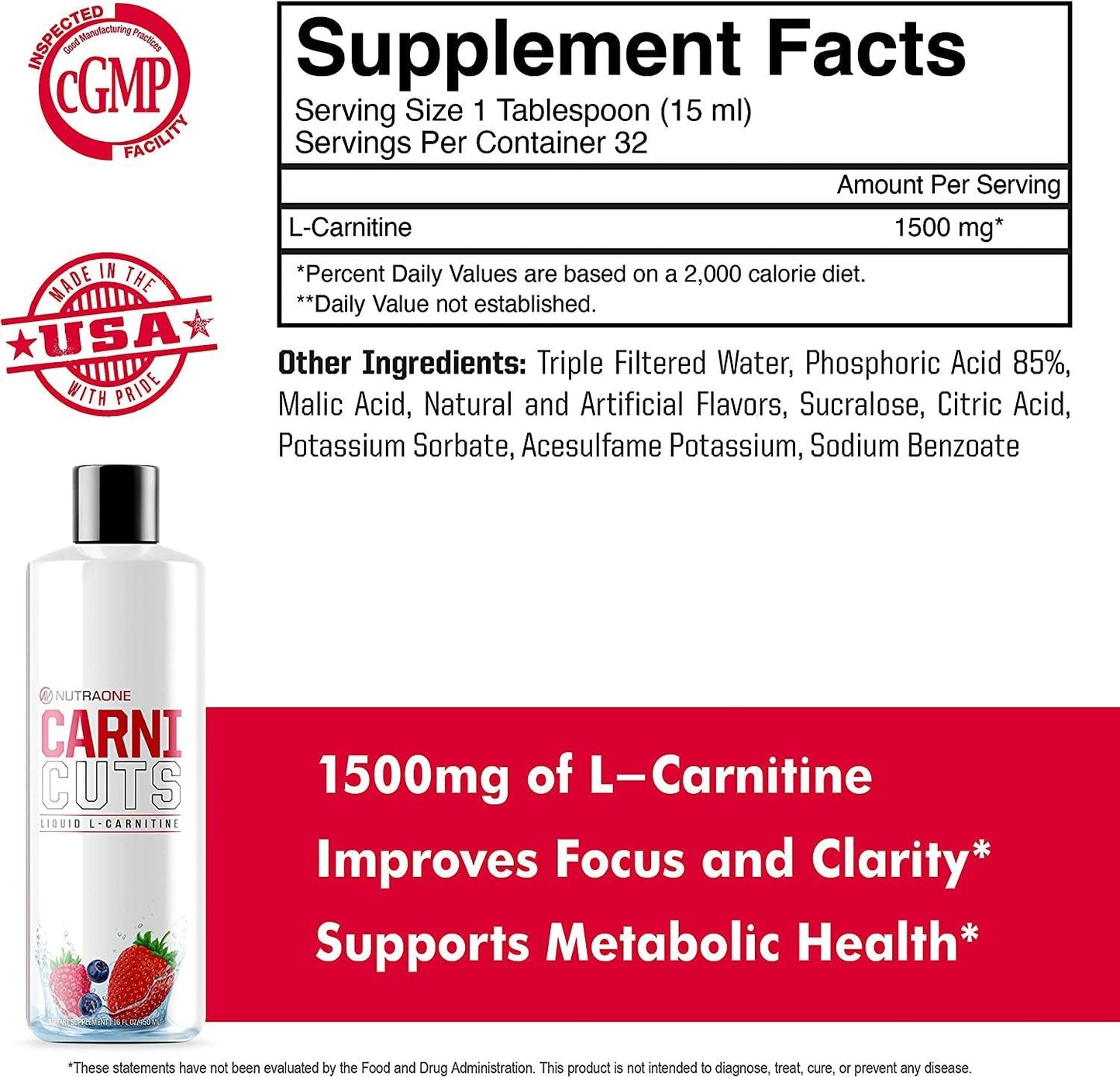 Carnicuts L-Carnitine Liquid Supplement by NutraOne Weight Management, Stimulant Free Metabolic Aid (Berry Blast - 32 Servings)