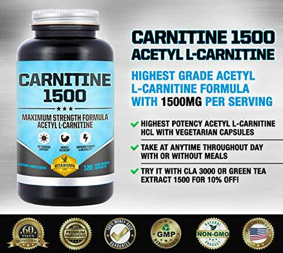 Carnitine 1500 - Acetyl L-Carnitine 1500mg Maximum Strength Carnitine Supplement - Supports Energy, Memory, Focus and Weight Loss Management by Vitamorph Labs - 120 Vegetarian Capsules