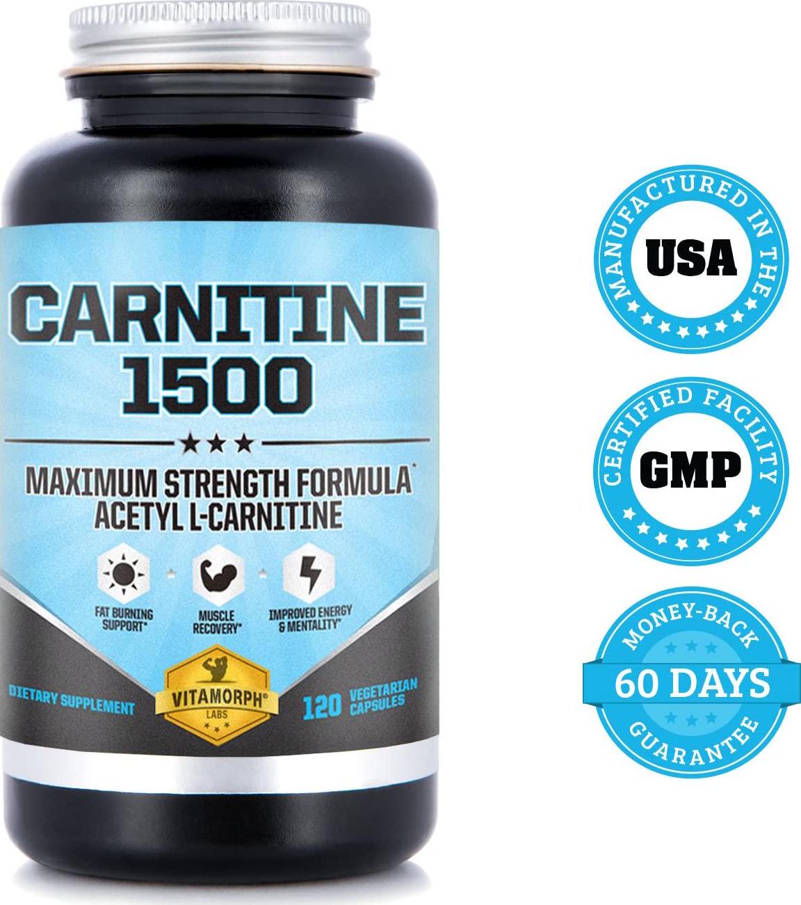 Carnitine 1500 - Acetyl L-Carnitine 1500mg Maximum Strength Carnitine Supplement - Supports Energy, Memory, Focus and Weight Loss Management by Vitamorph Labs - 120 Vegetarian Capsules