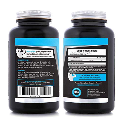Carnitine 1500 - Acetyl L-Carnitine 1500mg Maximum Strength Carnitine Supplement - Supports Energy, Memory, Focus and Weight Loss Management by Vitamorph Labs - 120 Vegetarian Capsules