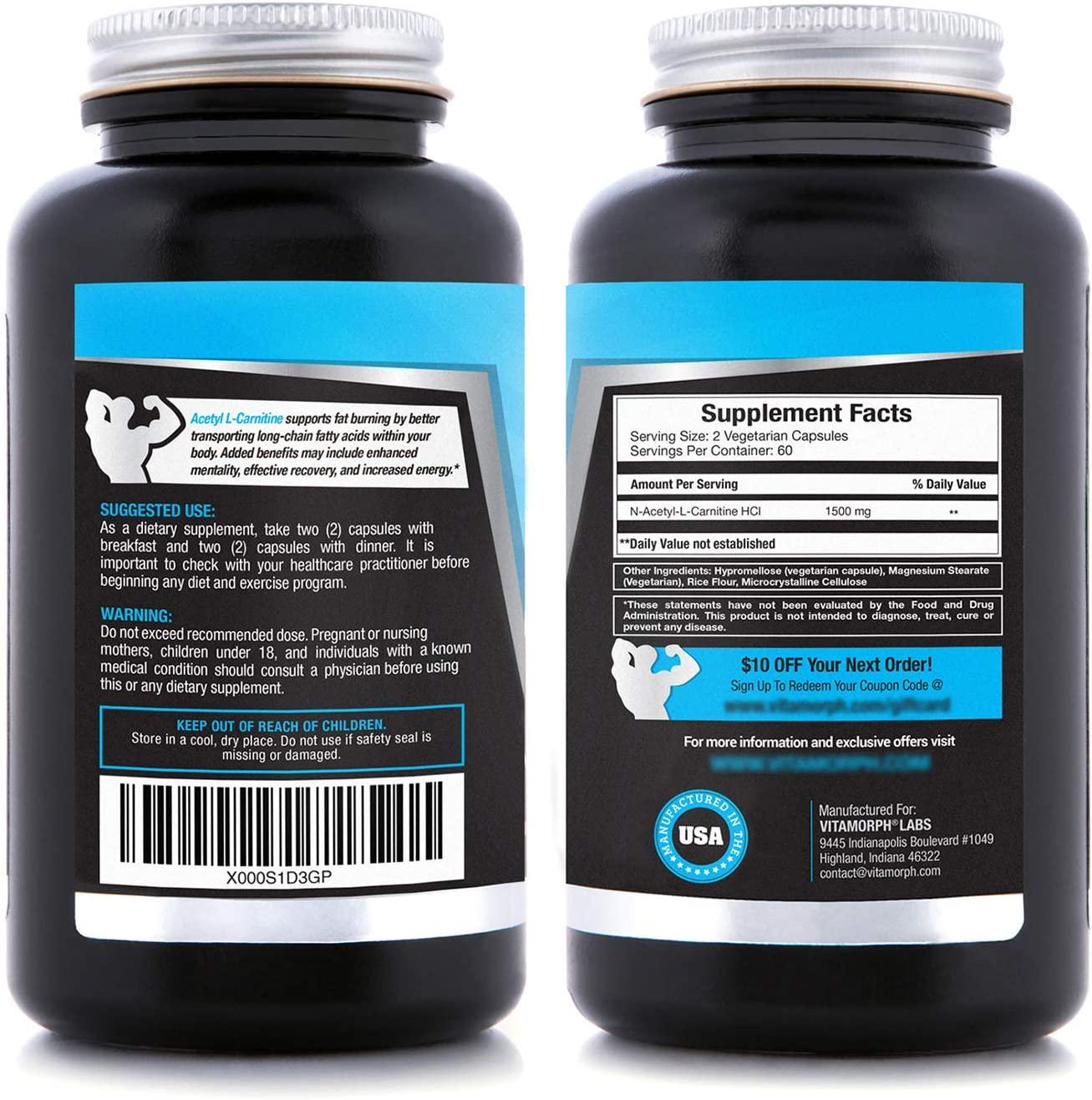 Carnitine 1500 - Acetyl L-Carnitine 1500mg Maximum Strength Carnitine Supplement - Supports Energy, Memory, Focus and Weight Loss Management by Vitamorph Labs - 120 Vegetarian Capsules