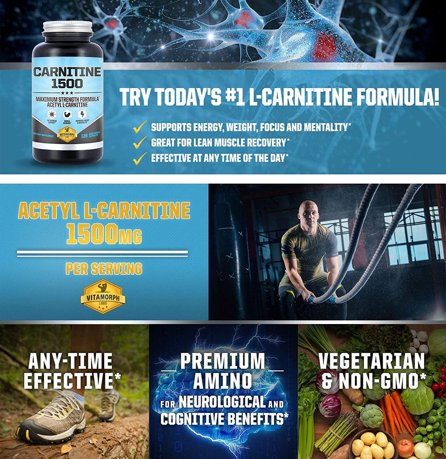 Carnitine 1500 - Acetyl L-Carnitine 1500mg Maximum Strength Carnitine Supplement - Supports Energy, Memory, Focus and Weight Loss Management by Vitamorph Labs - 120 Vegetarian Capsules