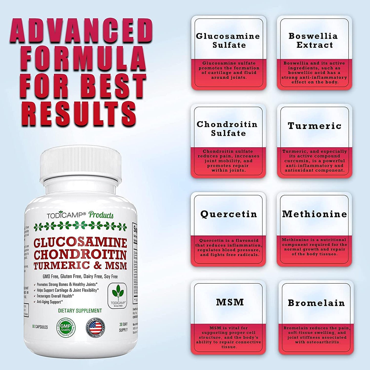 Cartilage Repair Supplement by Todicamp - Glucosamine Chondroitin MSM Turmeric Joint Support Supplement to Move Free - Research Verified Joint Relief - 1 Month Supply 90 Vegetarian Capsules.