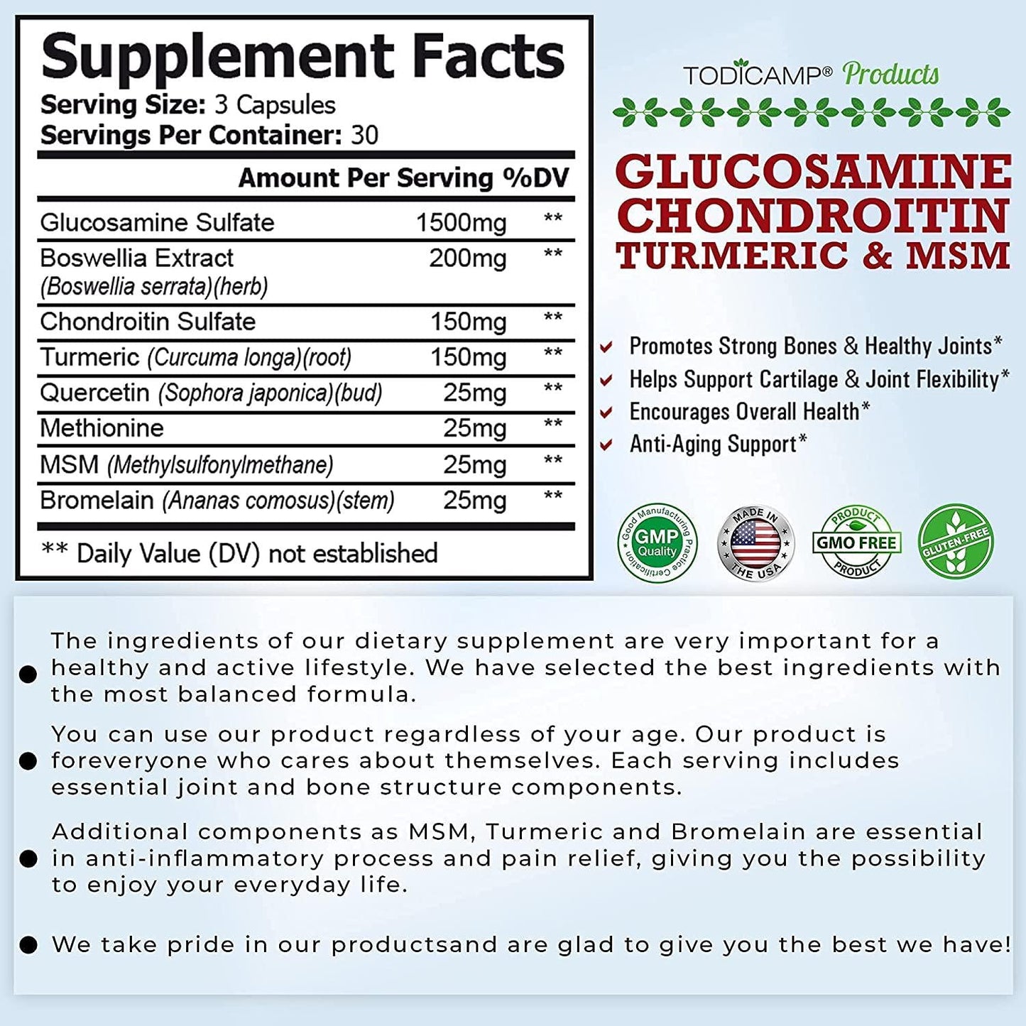 Cartilage Repair Supplement by Todicamp - Glucosamine Chondroitin MSM Turmeric Joint Support Supplement to Move Free - Research Verified Joint Relief - 1 Month Supply 90 Vegetarian Capsules.