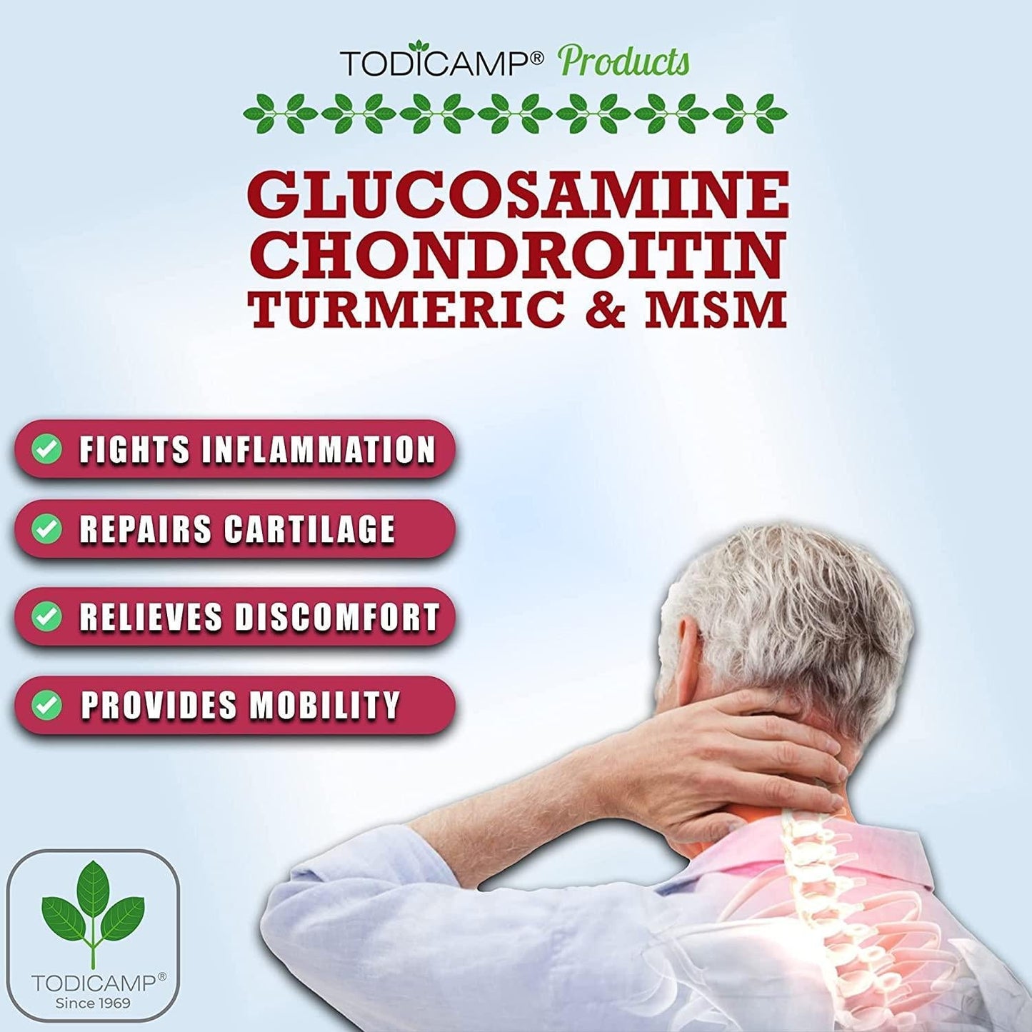 Cartilage Repair Supplement by Todicamp - Glucosamine Chondroitin MSM Turmeric Joint Support Supplement to Move Free - Research Verified Joint Relief - 1 Month Supply 90 Vegetarian Capsules.