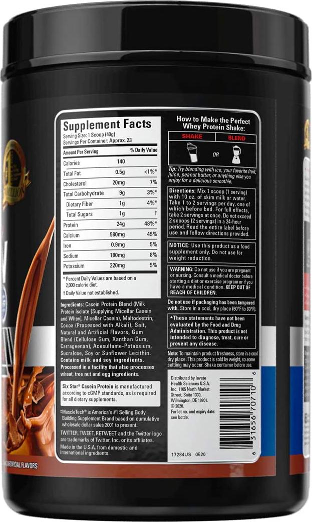 Casein Protein Powder | Six Star Elite Casein Protein Powder | Slow-Digesting Micellar Casein Protein Powder for Muscle Gain | Triple Chocolate Protein Powder, 2 lbs (26 Servings) (Package May Vary)