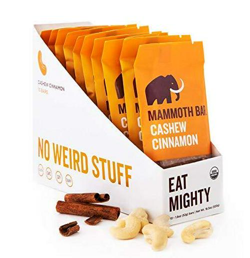 Cashew Cinnamon Bar- Organic, Paleo, Gluten Free and Raw by Mammoth Bar, 10-12g Protein, 1.8 Oz. Bar (10 Bars)