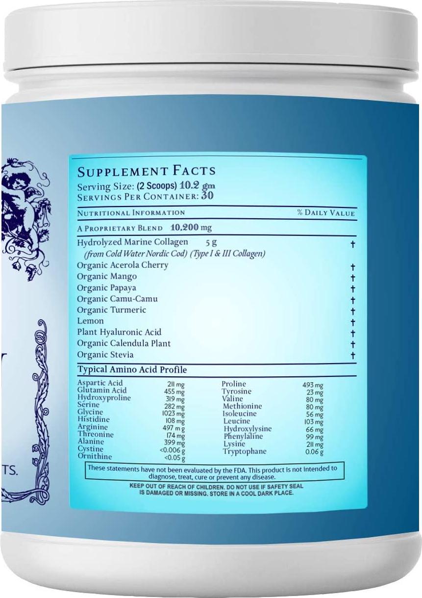 Catie's Marine Collagen- Premium Wild Caught Collagen (Type 1 and 3) from Cold Water Nordic Cod w/Plant Based Vitamin C, Hyaluronic Acid + Herbs! Non GMO. 30 Day Supply.