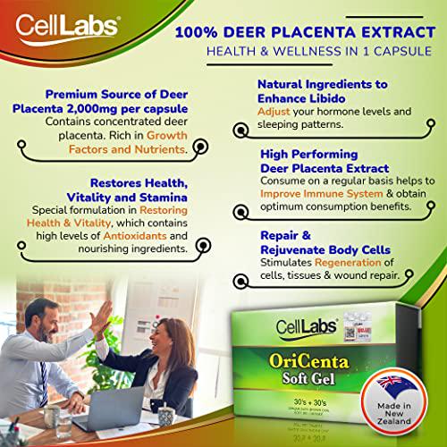 CellLabs OriCenta 100% Natural 2000mg Pure New Zealand Deer Placenta 60 Softgels| Active Stem Cell Rich In Nutrients, Minerals, Vitamins, Antioxidant|Support Healthy Energy Level, Slow Down Skin Aging