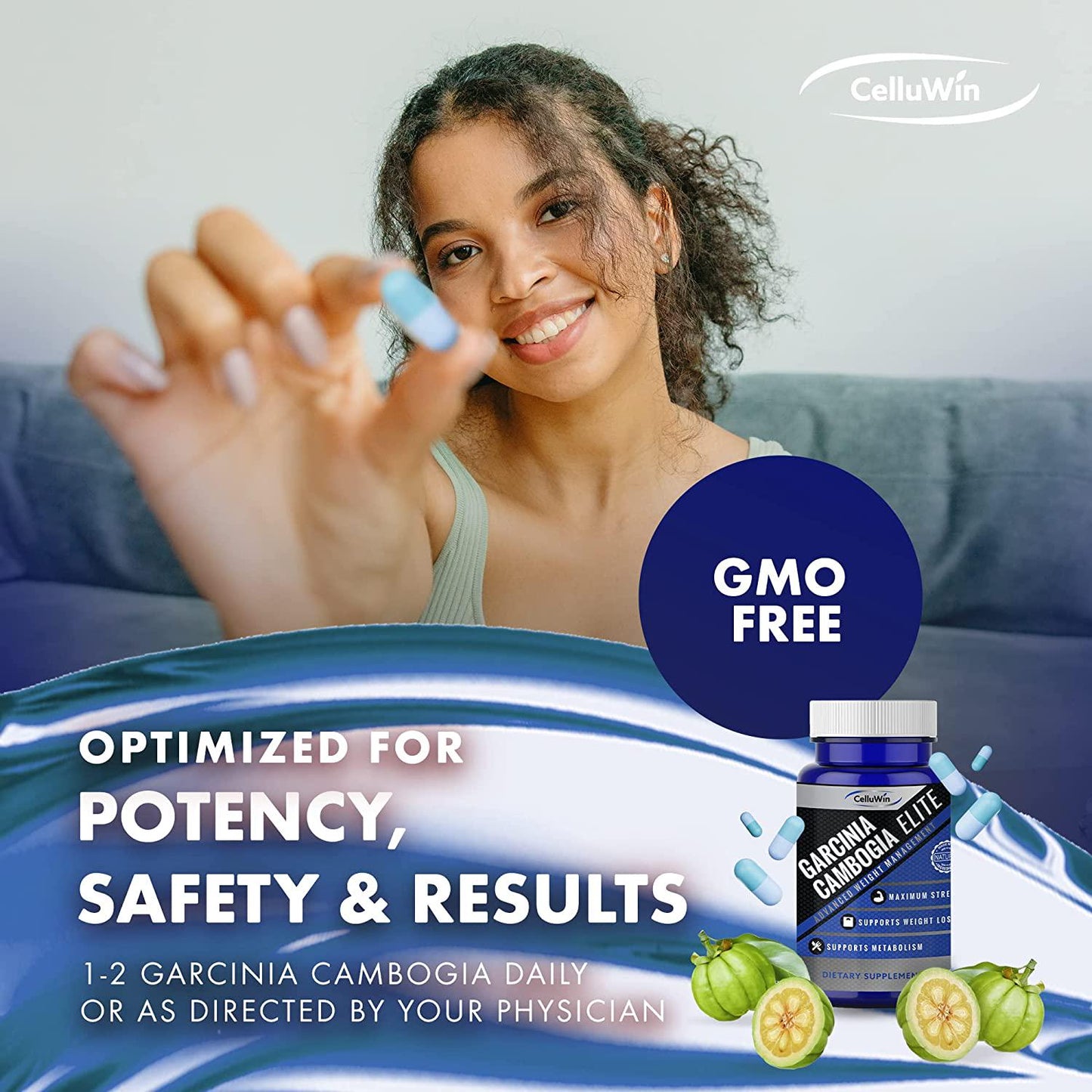 CelluWin - Garcinia Cambogia Elite, Vegan Food Supplement with HCA Extract Plus Calcium for Weight Management and Digestive Cleanse, Pure Garcinia Cambogia Extract for Metabolism Support, 60 Capsules