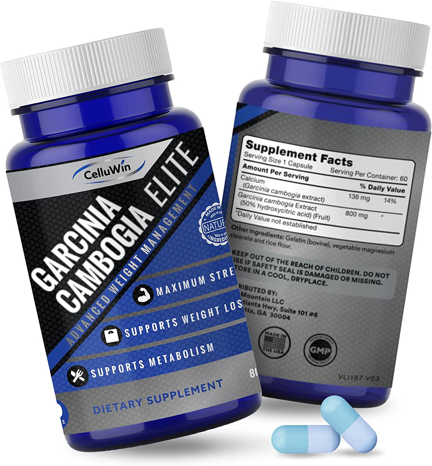 CelluWin - Garcinia Cambogia Elite, Vegan Food Supplement with HCA Extract Plus Calcium for Weight Management and Digestive Cleanse, Pure Garcinia Cambogia Extract for Metabolism Support, 60 Capsules