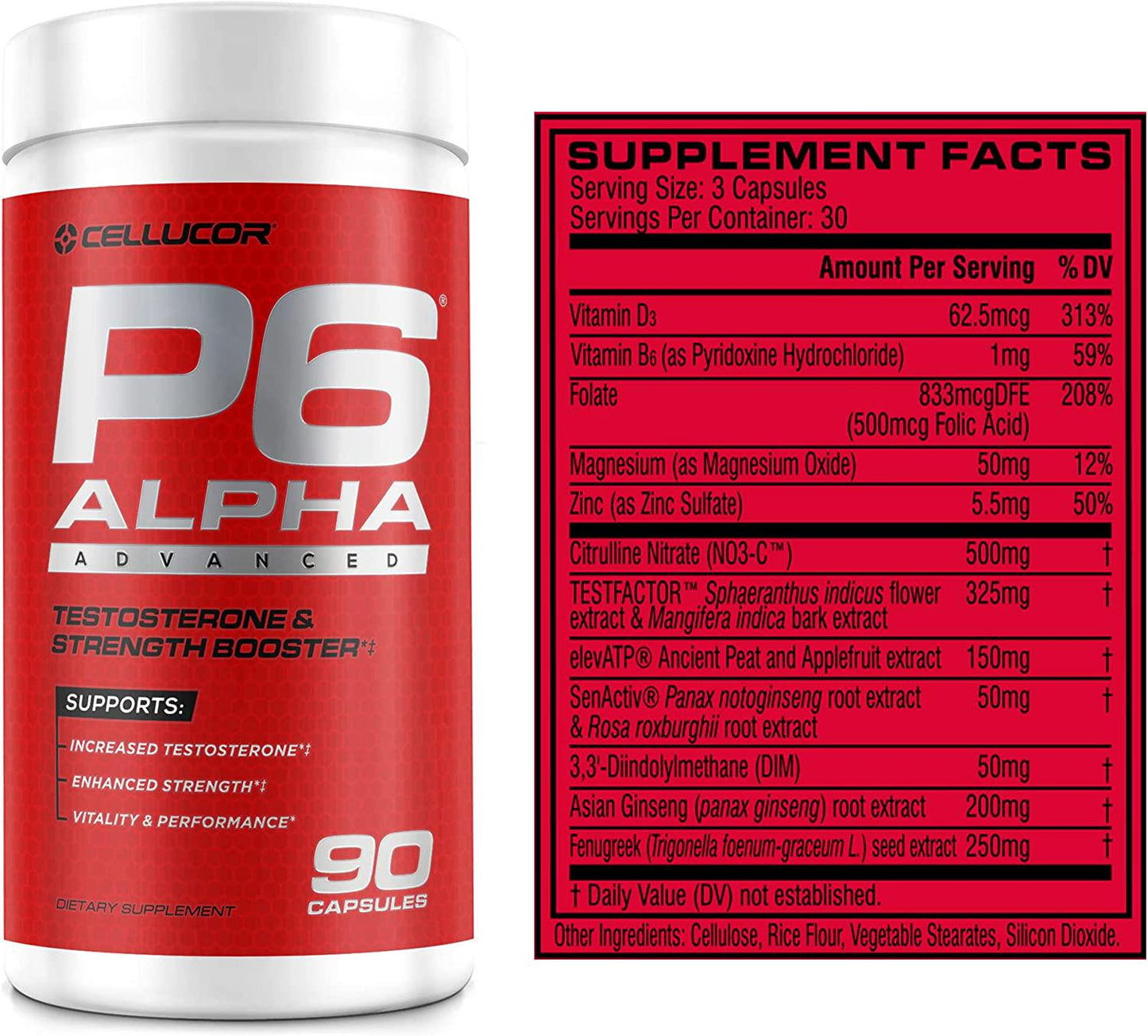 Cellucor P6 Alpha Advanced Testosterone and Strength Booster for Men - Boost Muscle Growth and Strength | Natural Test Booster w/TESTFACTOR, Ginseng, elevATP, DIM, SenActiv and Fenugreek - 90 Veggie Caps