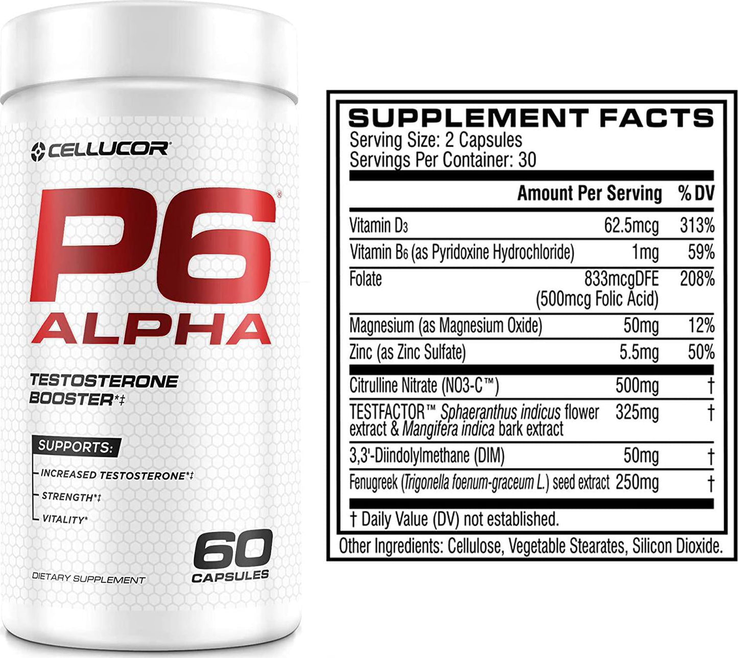 Cellucor P6 Alpha Testosterone Booster for Men - Boost Lean Muscle Growth and Strength | Natural Test Booster Supplement w/ TESTFACTOR, DIM and Fenugreek - 60 Veggie Capsules