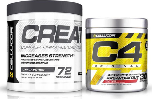 Cellucor Pre Workout and Creatine Bundle, C4 Original Pre Workout Powder, Fruit Punch, 30 Servings + Cor Performance Creatine Powder, 72 Servings