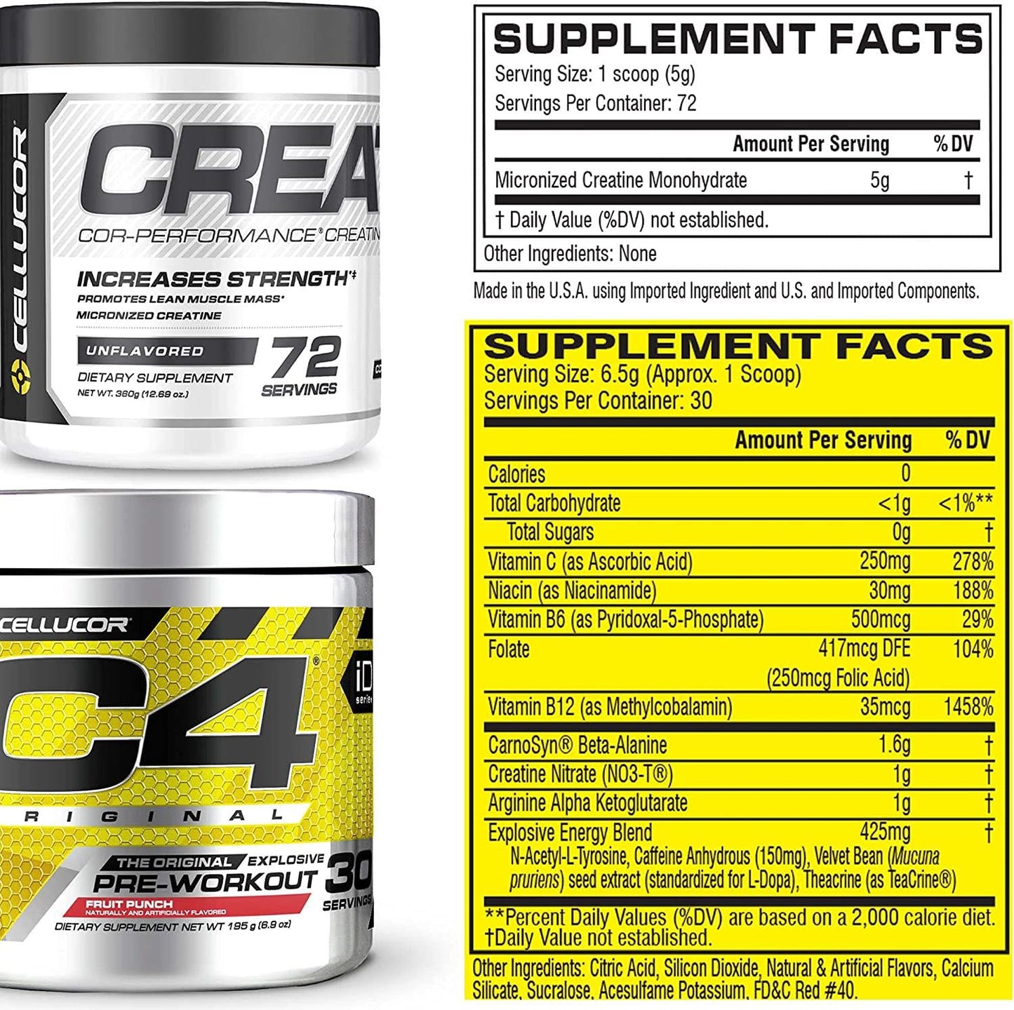 Cellucor Pre Workout and Creatine Bundle, C4 Original Pre Workout Powder, Fruit Punch, 30 Servings + Cor Performance Creatine Powder, 72 Servings