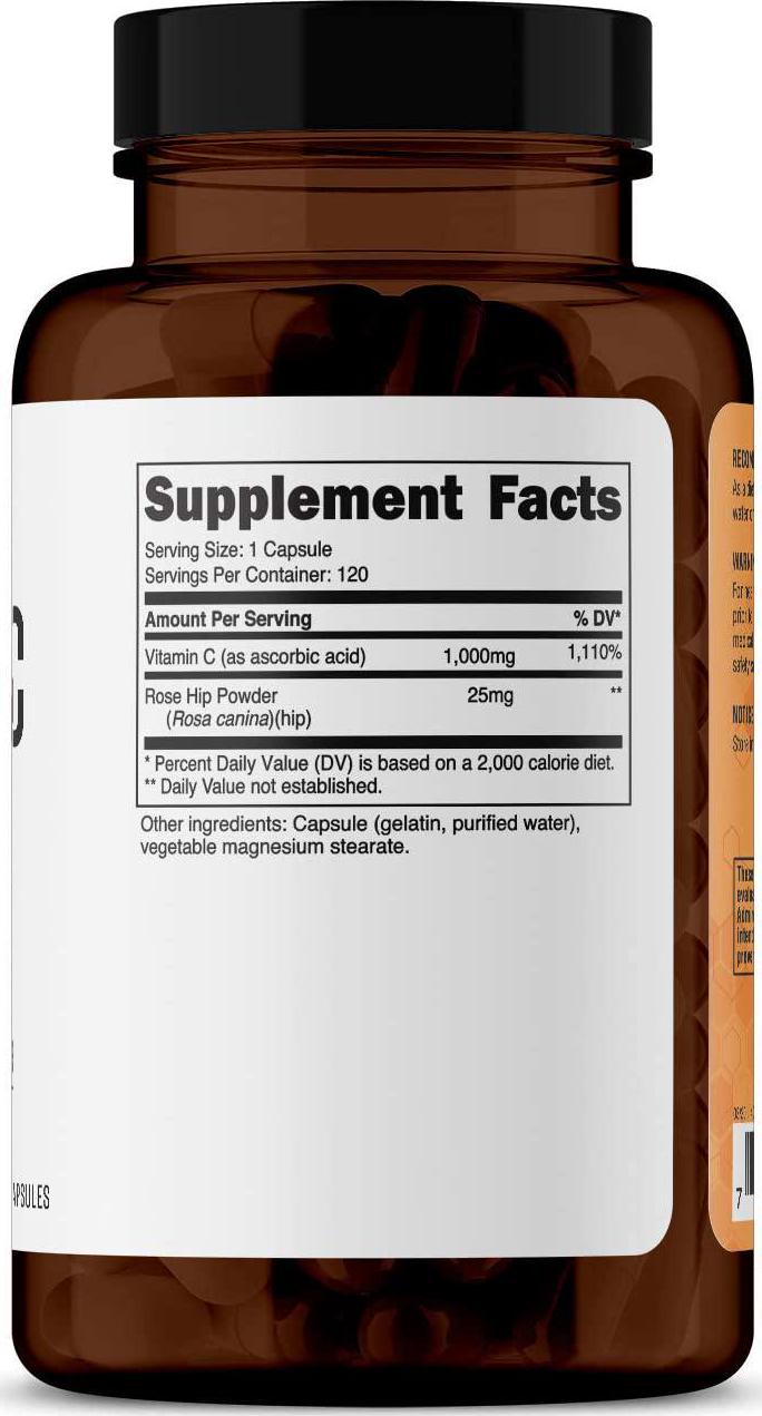 Cellusyn Vitamin C + Rose Hips Capsules 120 Servings (1000mg of Vitamin C, 25mg of Rose Hip)