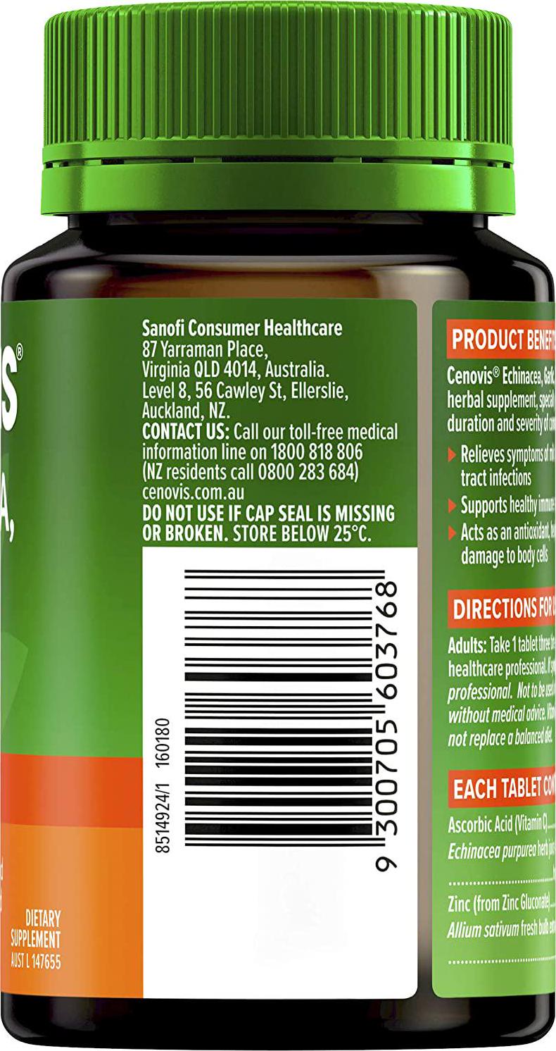 Cenovis Echinacea, Garlic, Zinc + C - Reduces Duration and Severity of Common Cold Symptoms - Antioxidant, 125 Tablets, Mostly Green (Pack of 1)
